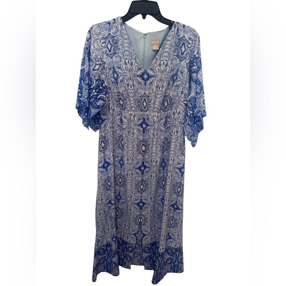 Chico’s Blue Print White Flatter Sleeve Maxi Dress  size small